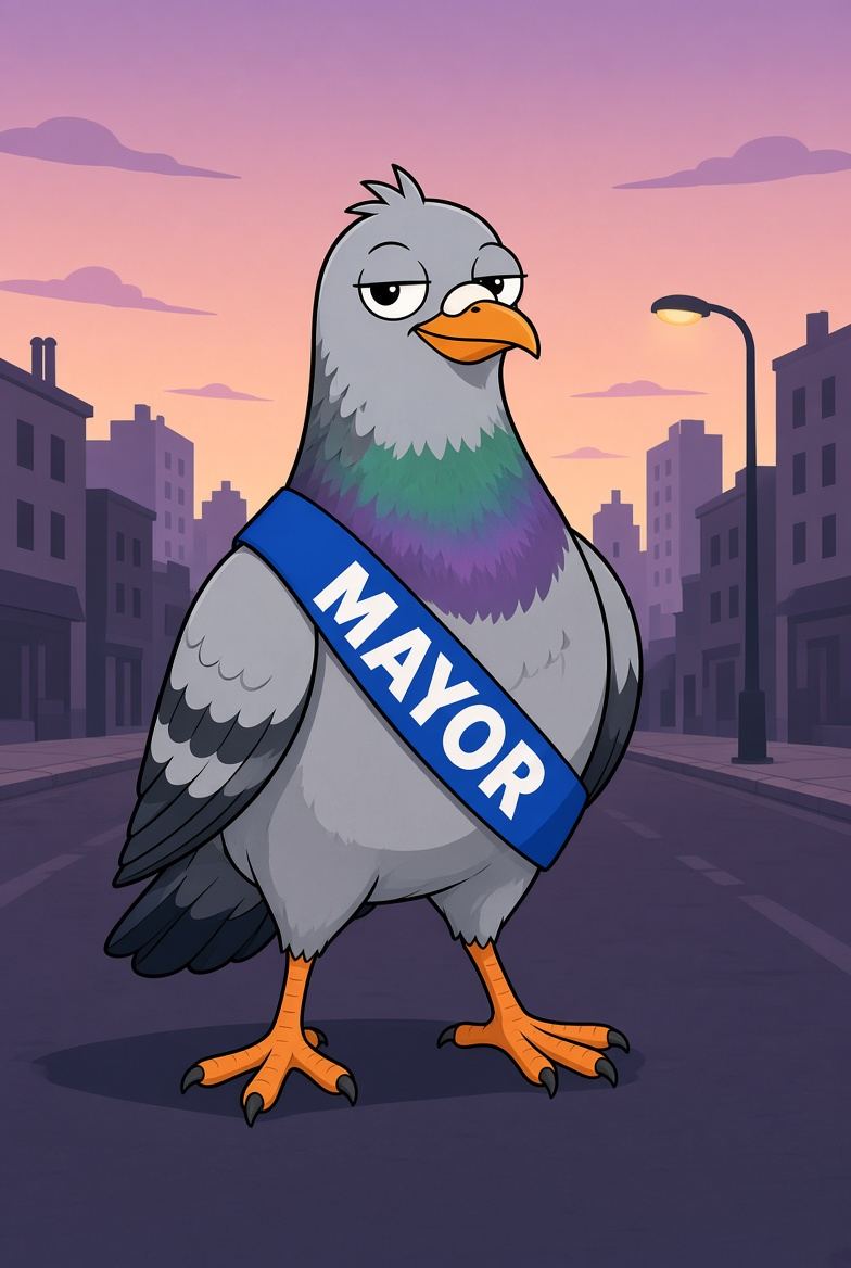 ARCOO the pigeon standing alone on an empty Arc city street at dusk, wearing a blue MAYOR sash