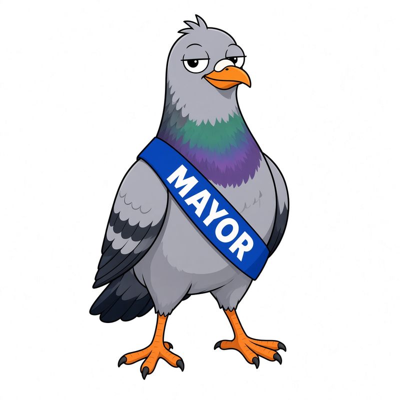 ARCOO the pigeon, official portrait, wearing the blue MAYOR sash